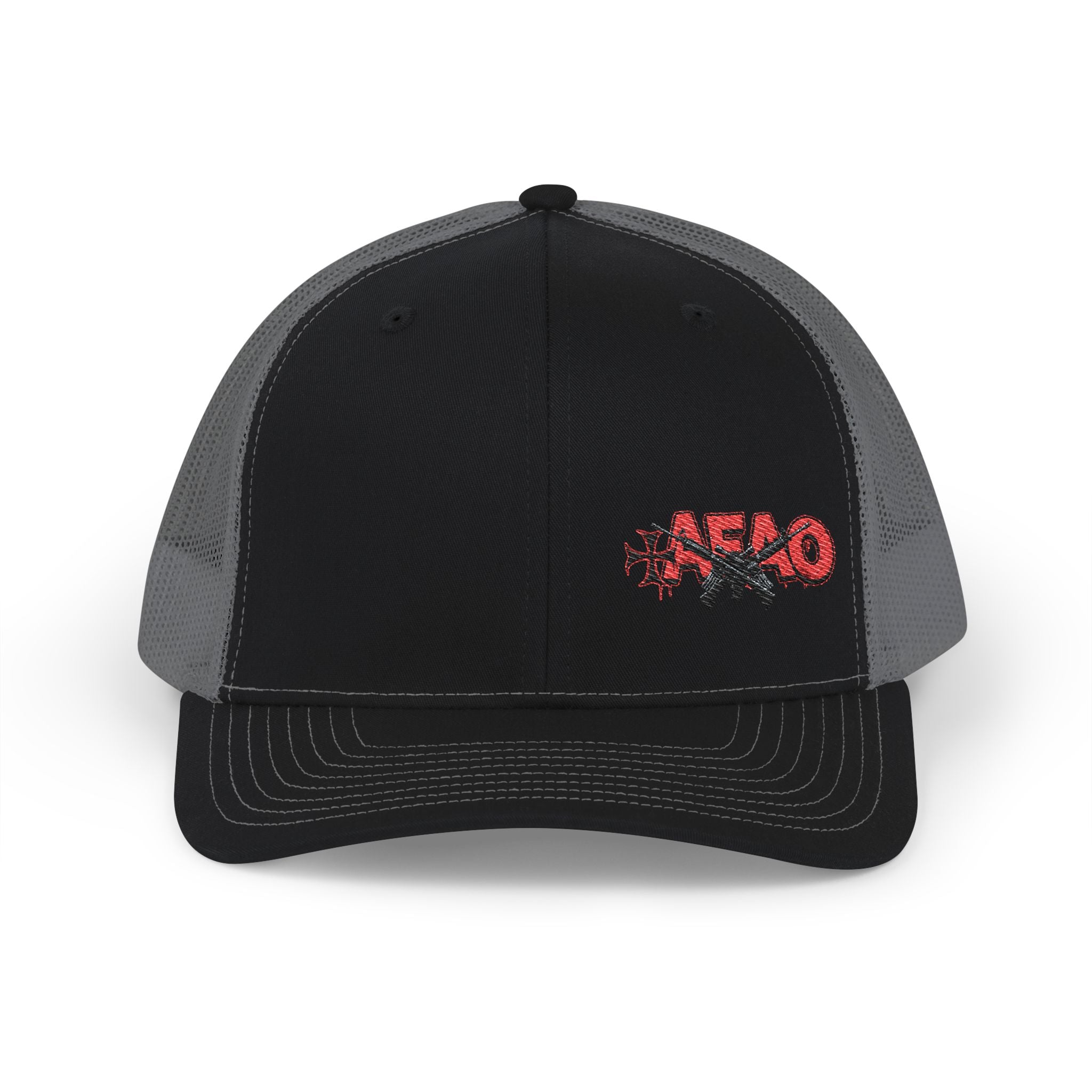 Embroidered Snapback Trucker Cap — Red 'Afao' Distressed Logo