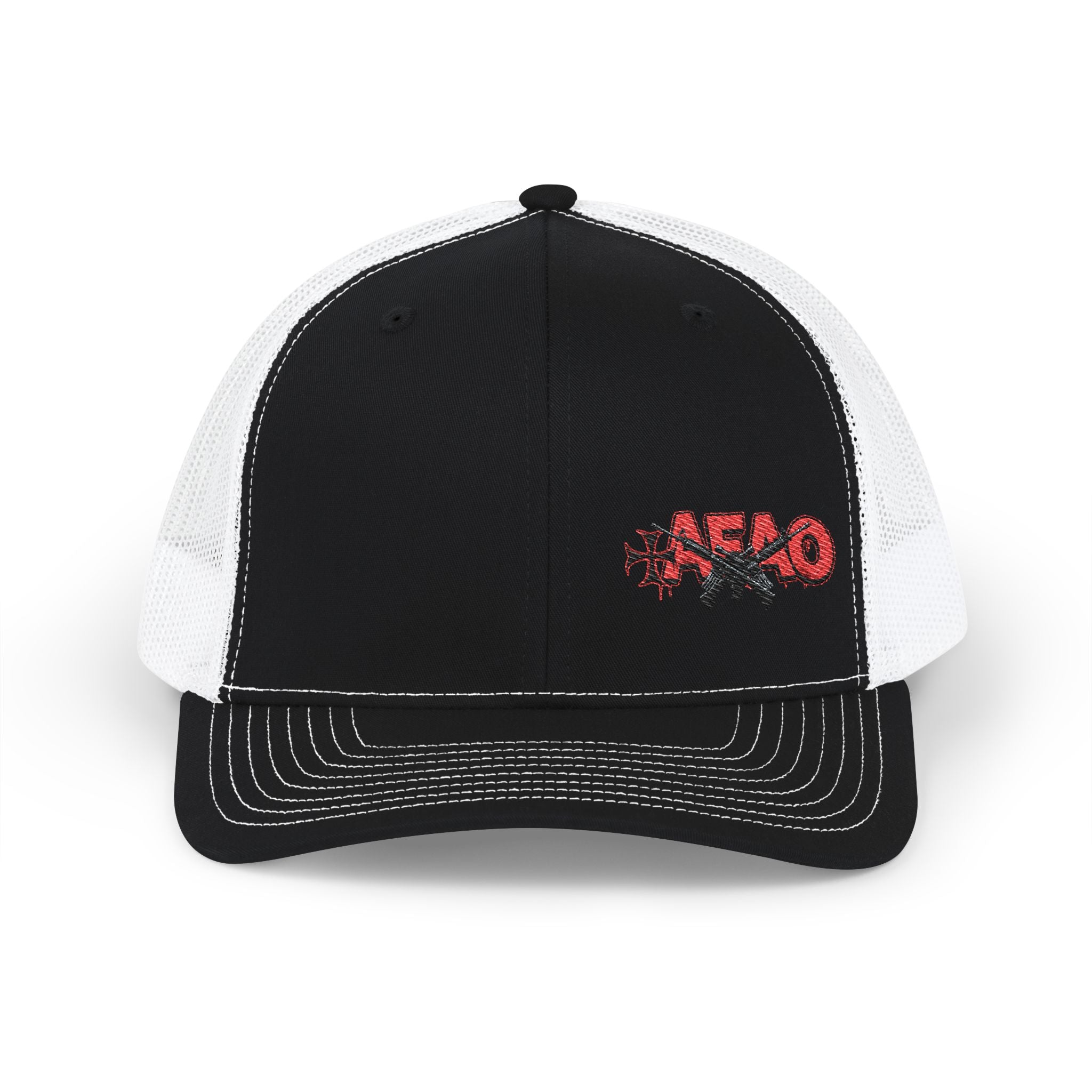 Embroidered Snapback Trucker Cap — Red 'Afao' Distressed Logo