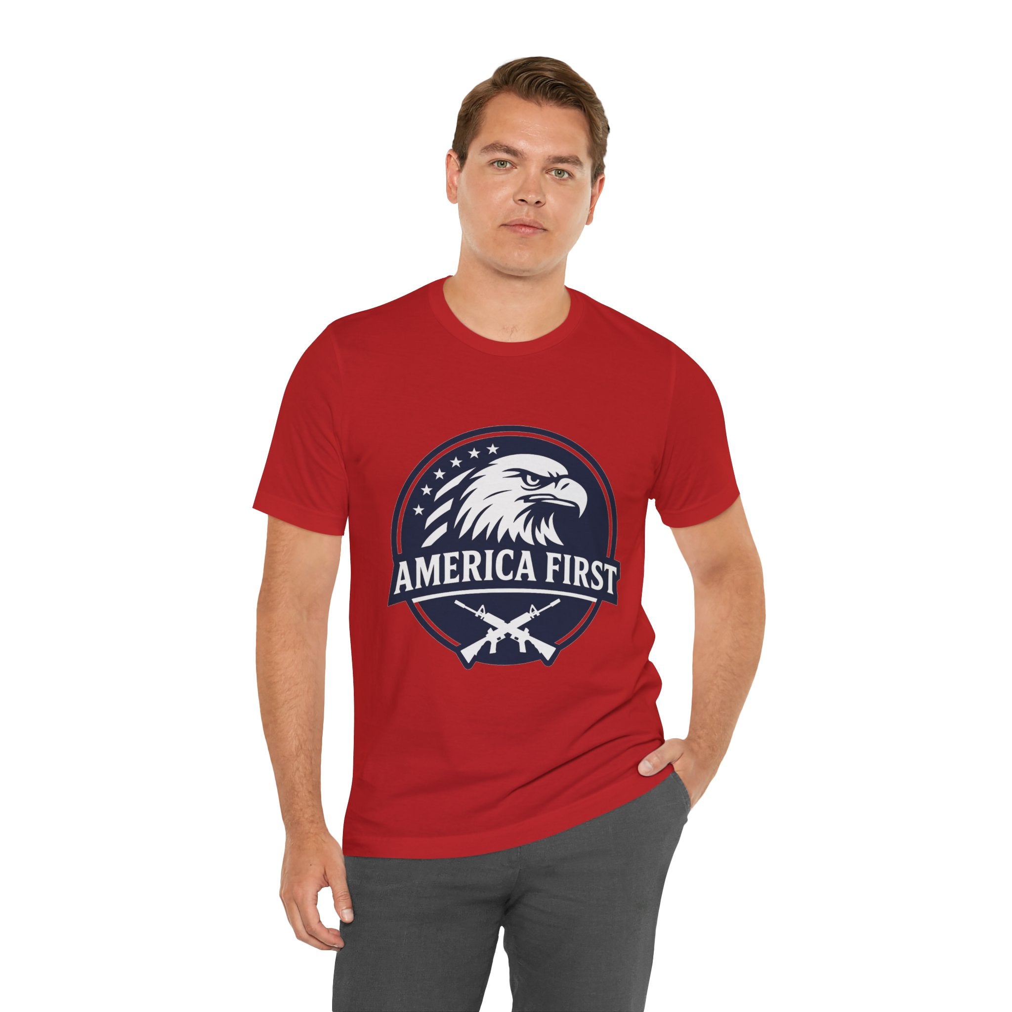 America First Eagle T-Shirt – Patriotic Flag & Rifle Graphic Tee
