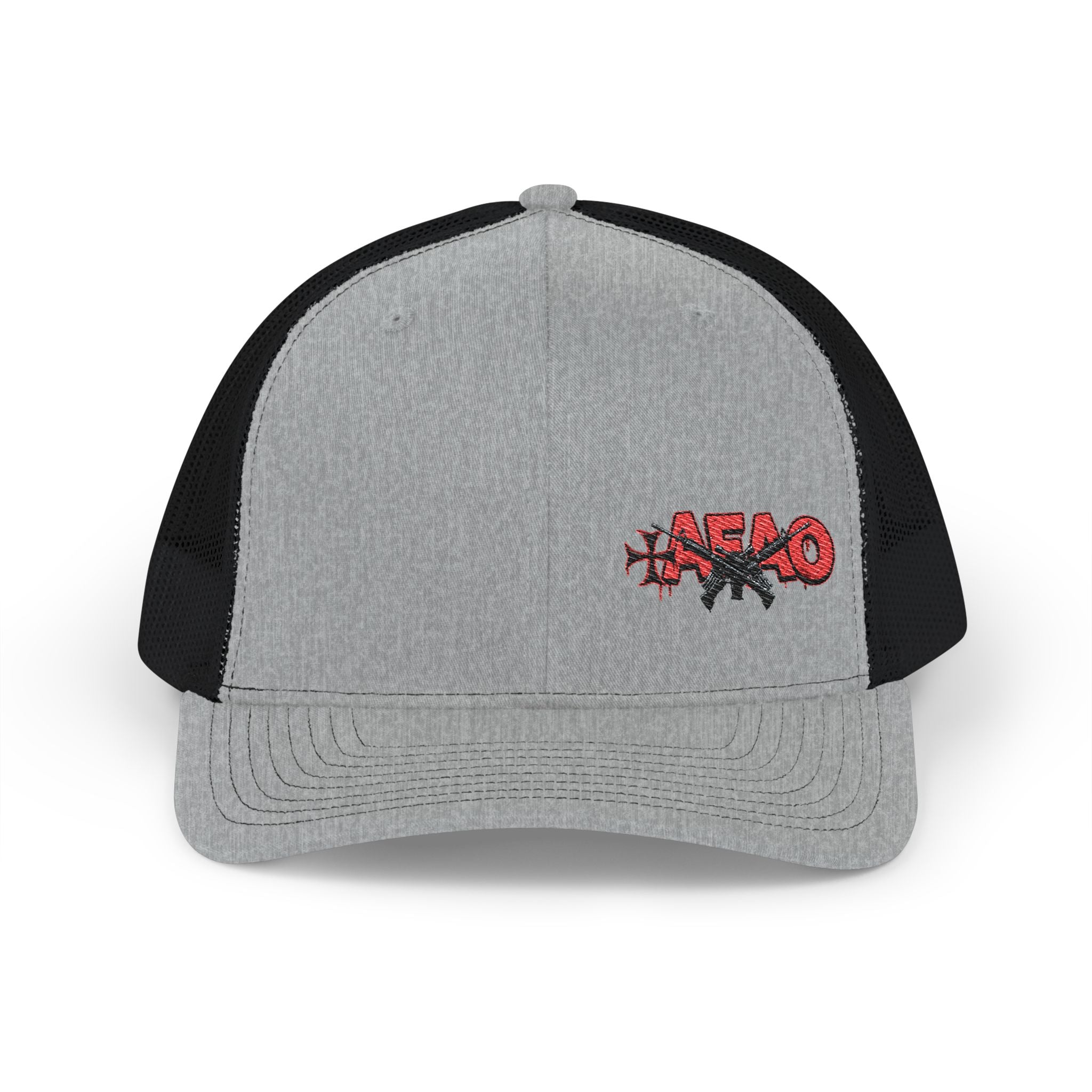 Embroidered Snapback Trucker Cap — Red 'Afao' Distressed Logo