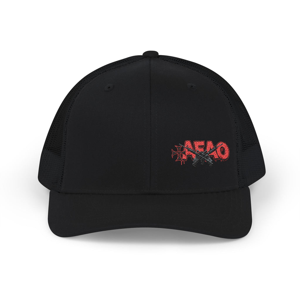 Embroidered Snapback Trucker Cap — Red 'Afao' Distressed Logo