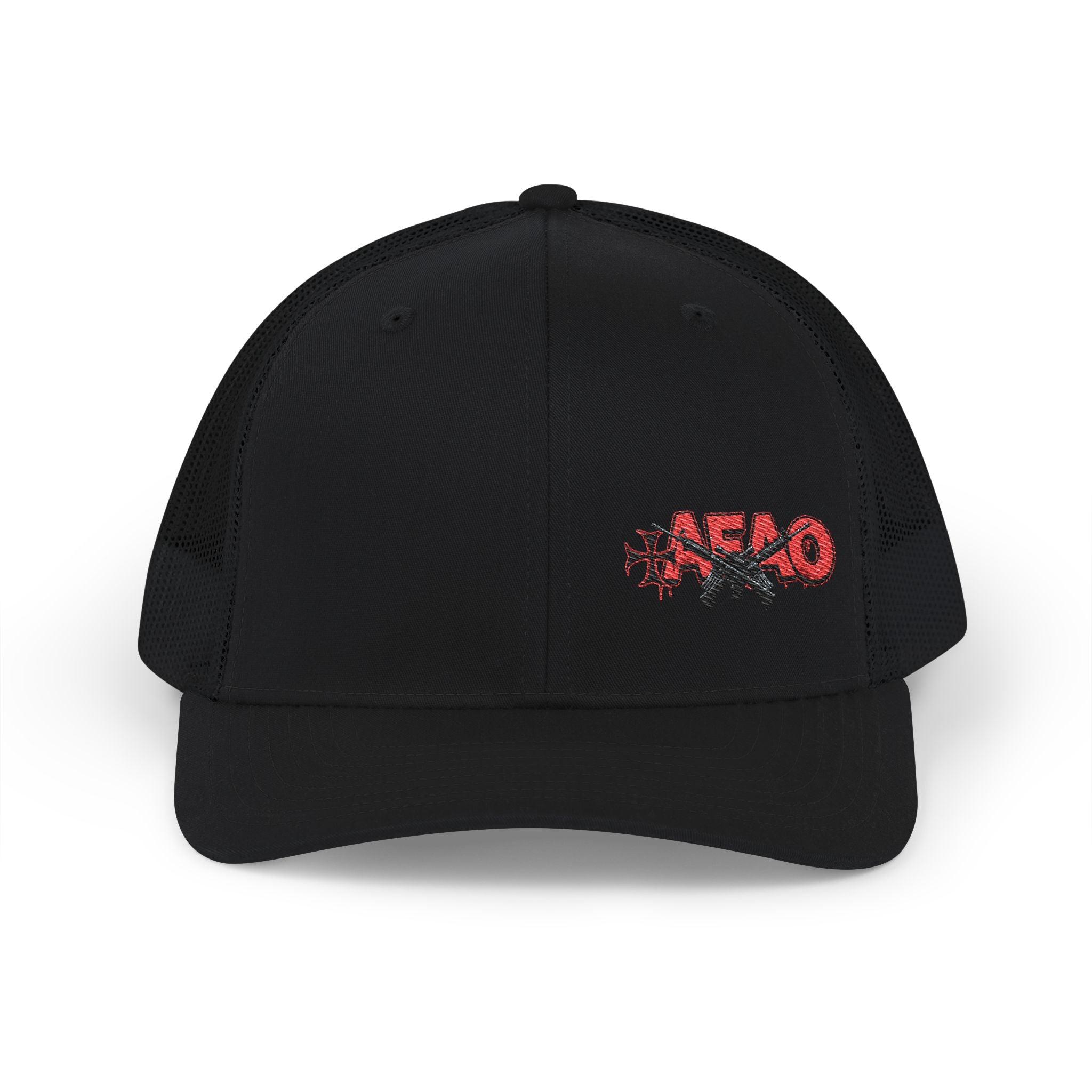 Embroidered Snapback Trucker Cap — Red 'Afao' Distressed Logo