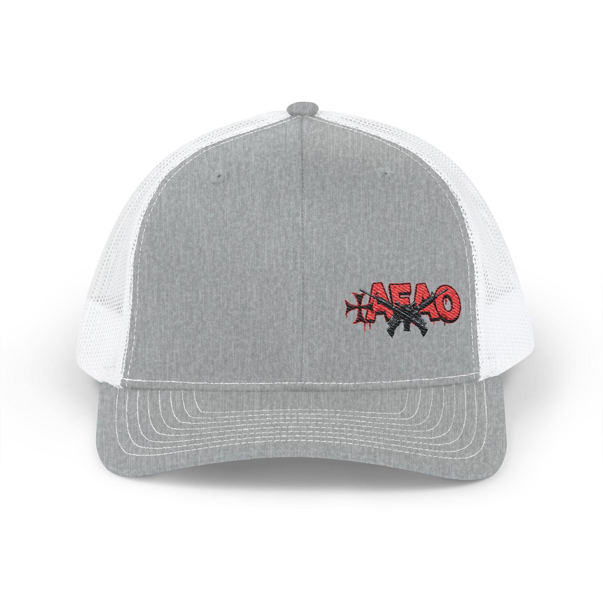 Embroidered Snapback Trucker Cap — Red 'Afao' Distressed Logo